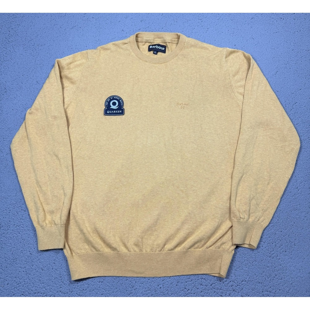 Barbour Sweater Mens 2XL Beige 100% Cotton Crewneck Knit Pullover Quarken Patch